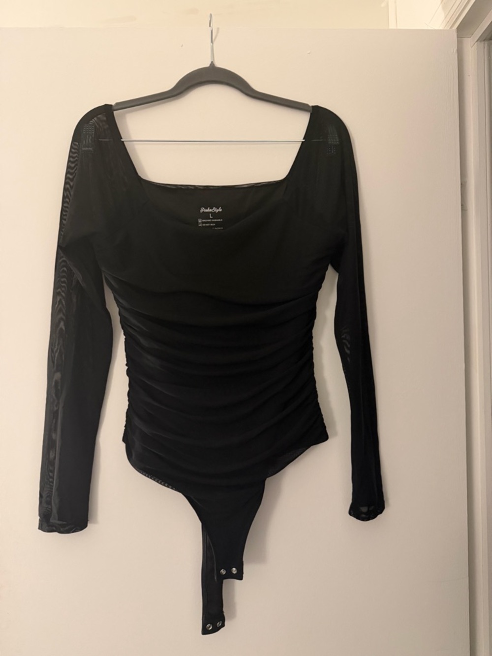 pistola Black Long-Sleeve Ruched Square-Neck Bodysuit